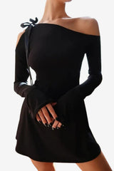 Women's One-Shoulder Mini Dress with Long Bell Sleeves and Bow