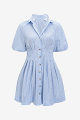 Women's Blue Striped Short Sleeve Fitted Shirt Mini Dress
