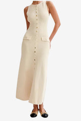 Women's Sleeveless Midi Knit Dress with Button Front