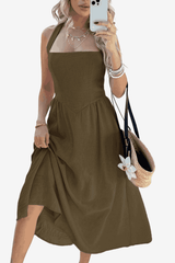 Women's Cotton Linen Halter Midi Dress - Sleeveless A-Line Fit for Summer