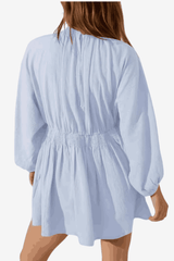 Women's Cotton Linen Short Dress - V-Neck Long Sleeve Relaxed Fit