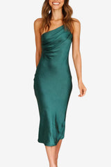 Women's One-Shoulder Midi Dress in Emerald Satin