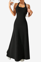 Women's Halter Maxi Dress Open Back A-Line Summer Black
