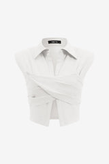 Women’s Linen Ruched Wrap Crop Top Sleeveless Collared