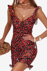 Women’s Floral Mini Dress with Ruffle Straps &amp; Hem