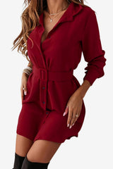 Women’s Belted Shirt Dress Long Sleeve Button Front
