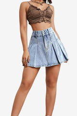 Women’s Light Blue Denim Mini Skirt High Waist Pleated