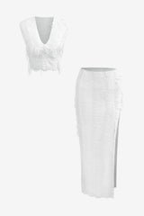 Women's V-Neck Fringed Crop Top &amp; Maxi Skirt Set