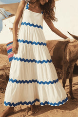 Women’s White Tiered Maxi Dress with Blue Trim