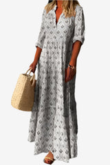 Women's V-Neck Maxi Dress Loose Fit 3/4 Sleeve Patterned