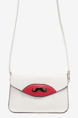 Women's Cream Faux Leather Clutch with Mustache Pendant