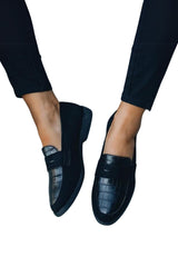 Women's Leather Loafer Mules, Crocodile-Textured, Slip - On