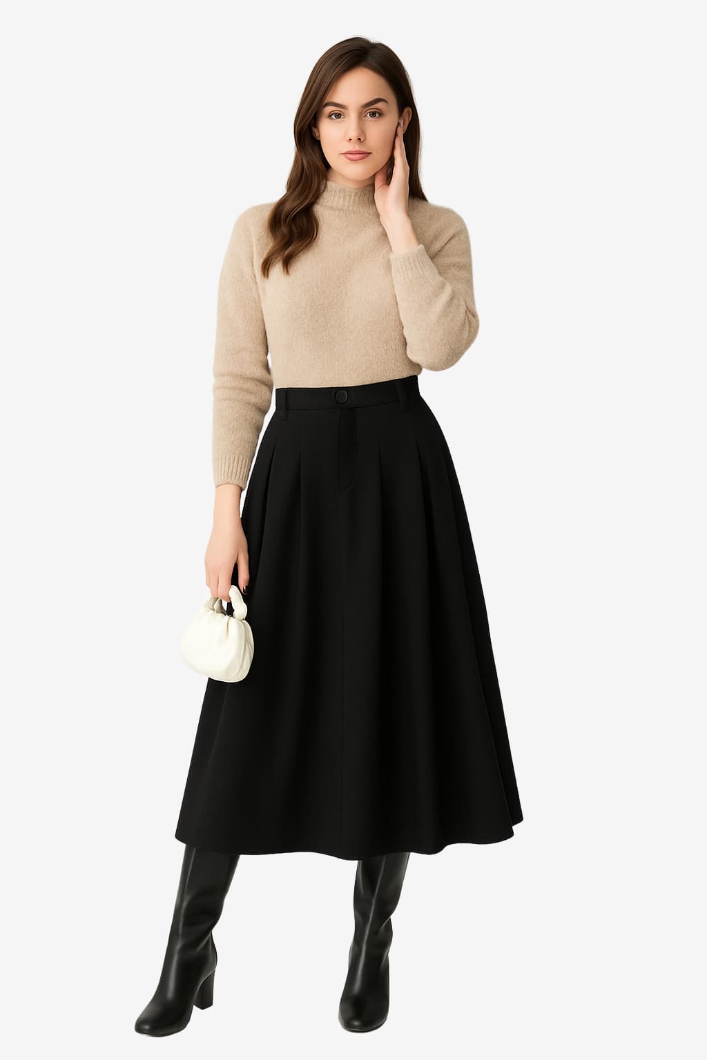 Women’s Wool Pleated Maxi Skirt High Waist Brown