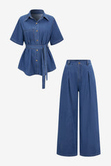 Women's Denim Button Shirt and Wide-Leg Jeans Co-ord Set