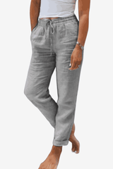 Women's Cotton Linen Relaxed-Fit Pants - Elastic Waist &amp; Drawstring for Casual Wear