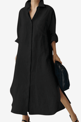 Women's Linen Blend Shirt Dress - Button-Down Long Sleeve Casual Fit