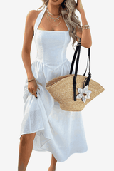 Women's Cotton Linen Halter Midi Dress - Sleeveless A-Line Fit for Summer