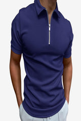 Men's Slim Fit Short Sleeve Zip-Up Polo Shirt Light Grey