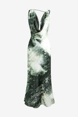 Women's Tie Dye Cowl Neck Satin Maxi Dress