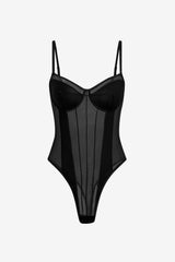 Women's Sheer Mesh Corset Bodysuit with Underwire Cups