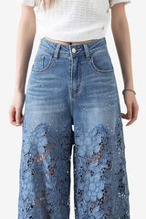 Women’s High Waist Wide Leg Denim Trousers with Lace