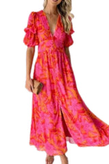 Women’s Floral Maxi Dress V-Neck Puff Sleeve Summer