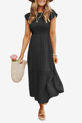 Women's Cotton Pleated Midi Dress Short Sleeve Summer