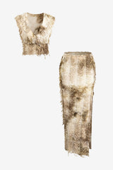 Women's V-Neck Fringed Crop Top &amp; Maxi Skirt Set