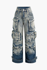 Women's Wide Leg Cargo Jeans High-Waisted Multi - Pocket