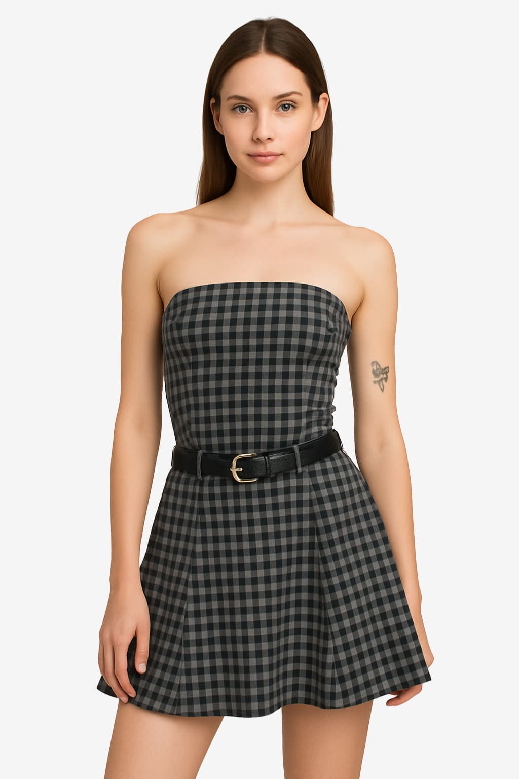 Women's Strapless Plaid Mini Dress with Belt