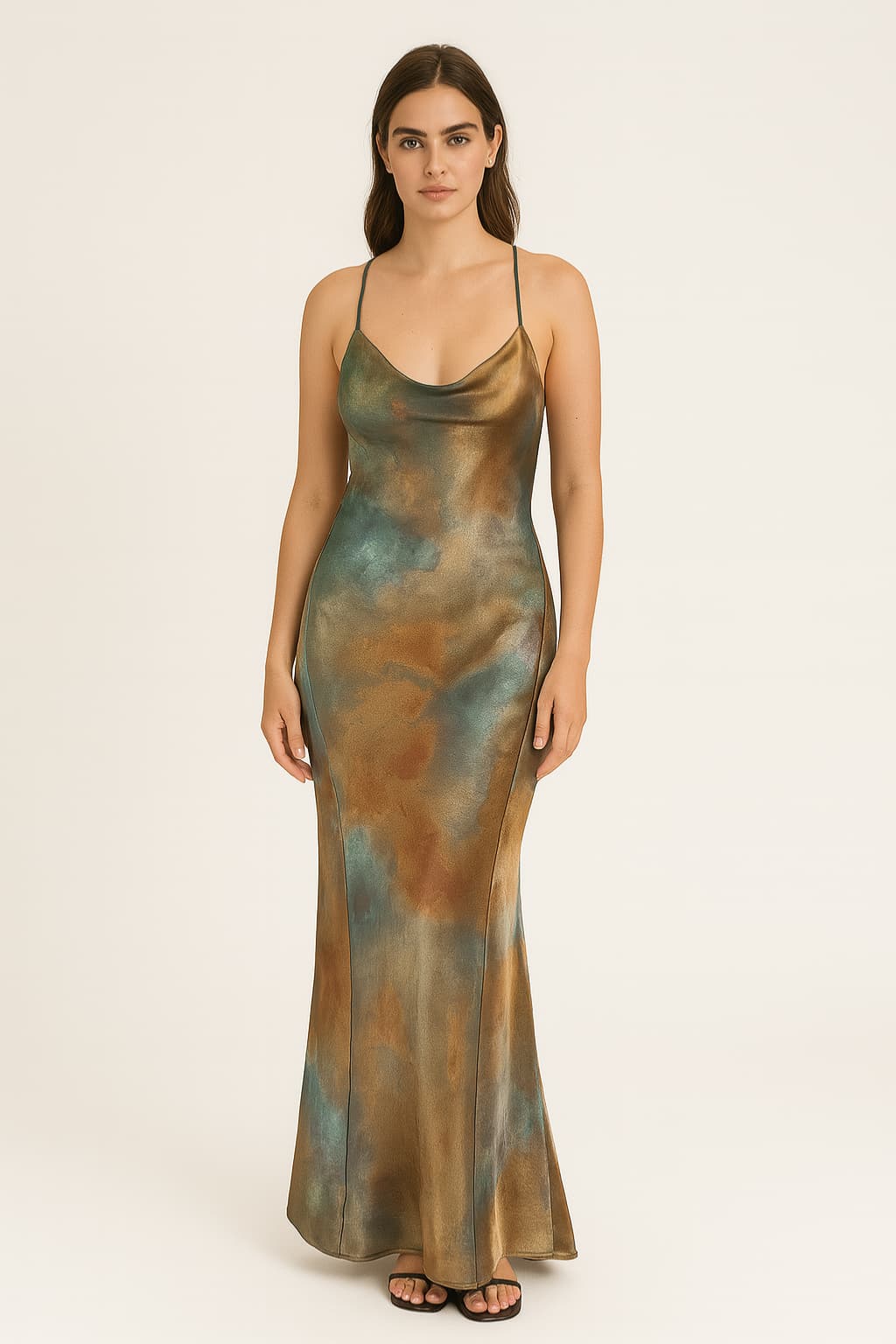 Women's Tie Dye V-Neck Satin Maxi Dress