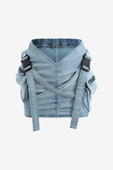 Women's Denim Mini Skirt V-Waist Buckle Flap Pocket Slim Fit
