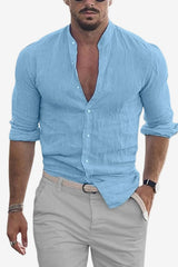 Men’s Linen Shirt Long Sleeve Slim Fit Mandarin Collar