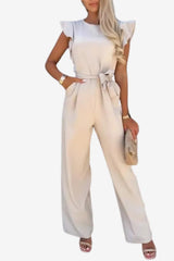Women’s Wide Leg Jumpsuit with Belt and Cap Sleeves