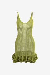Women's Crochet Mini Dress V-Neck Ruffle Hem Slim Fit
