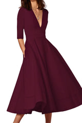 Women's V-Neck A - Line Midi Dress