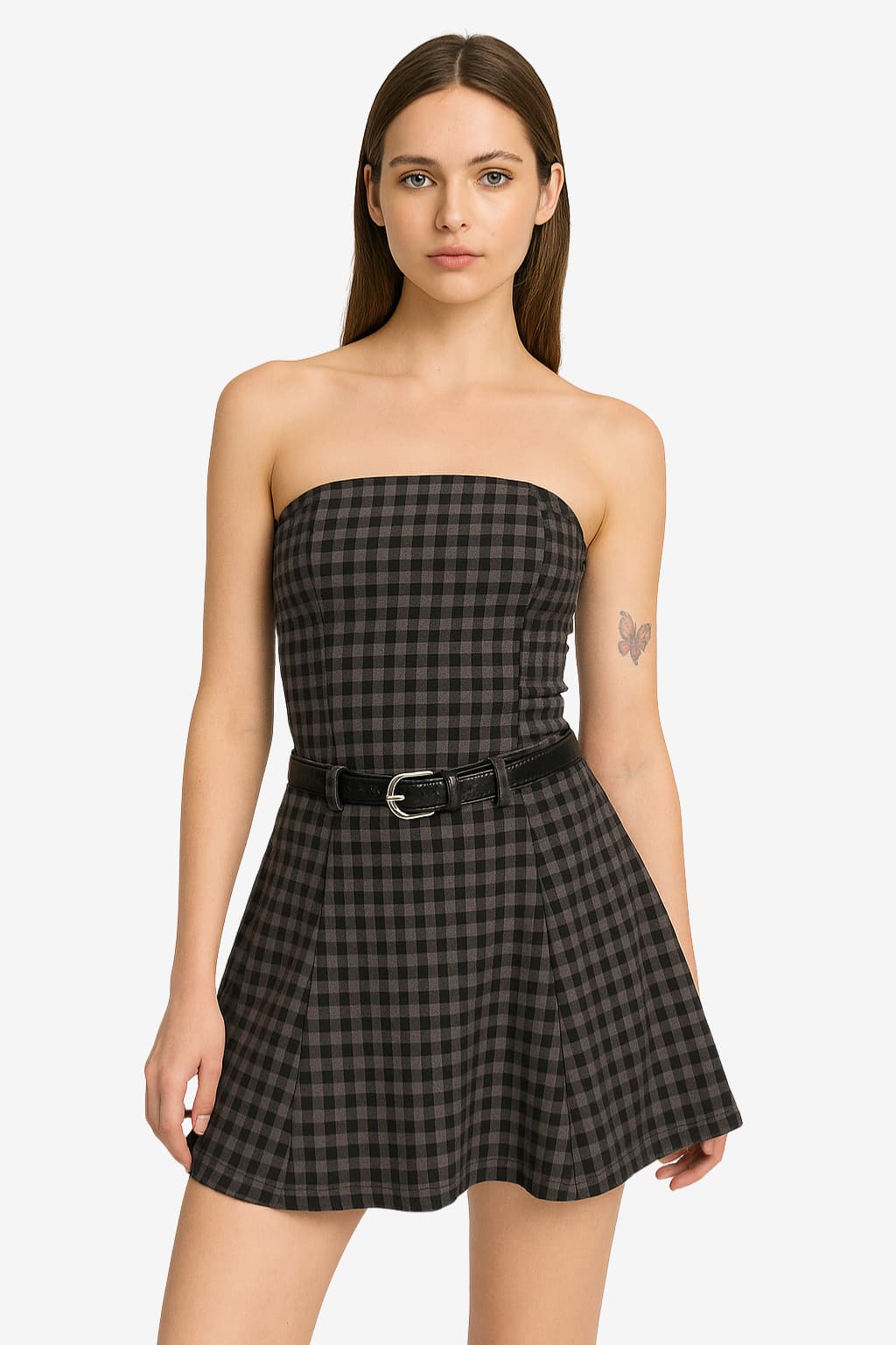 Women's Strapless Plaid Mini Dress with Belt