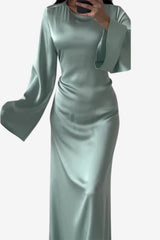 Women's Satin Evening Dress with Flared Sleeves, Maxi Length