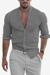Men’s Linen Shirt Long Sleeve Slim Fit Mandarin Collar