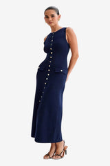 Women's Sleeveless Midi Knit Dress with Button Front