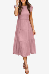 Women's Cotton Pleated Midi Dress Short Sleeve Summer