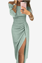 Women's Glitter Midi Dress with Off-Shoulder and High Slit