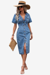 Women's Midi Denim Dress with Button Front and Short Sleeves