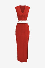 Women's V-Neck Fringed Crop Top &amp; Maxi Skirt Set