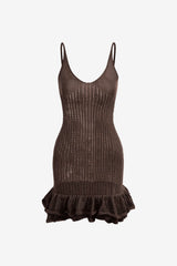 Women's Crochet Mini Dress V-Neck Ruffle Hem Slim Fit