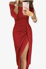Women's Glitter Midi Dress with Off-Shoulder and High Slit
