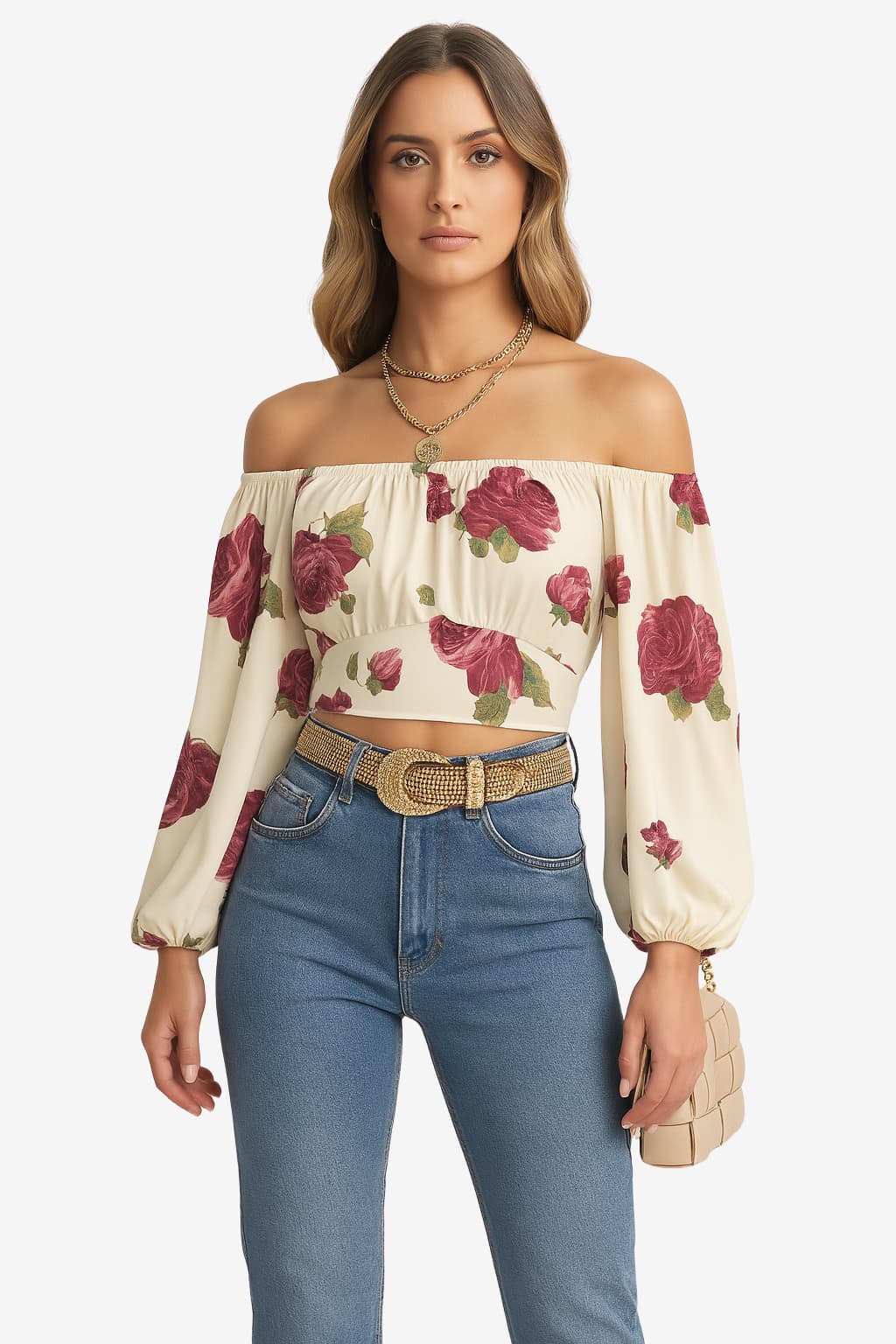 Women’s Boho Off-Shoulder Top Long Sleeve Light Blue