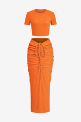 Women's Chartreuse Ribbed Crop Top &amp; Drawstring Midi Skirt Set