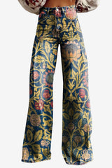 Women's Vintage Daisy Print Wide-Leg Trousers High-Waisted