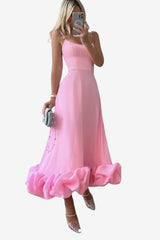 Women's Midi Dress with Spaghetti Straps and Ruffled Hem